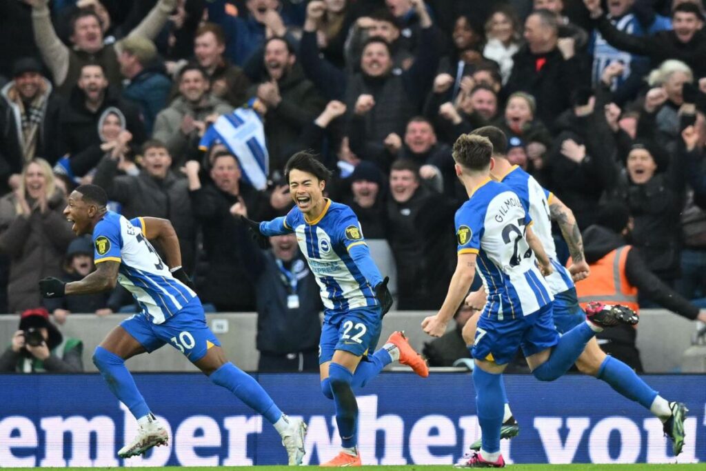 Kaoru Mitoma celebrating his late winner against Liverpool in the FA Cup