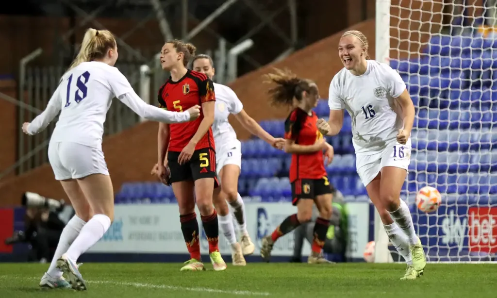 England women's national soccer team celebrating after a goal