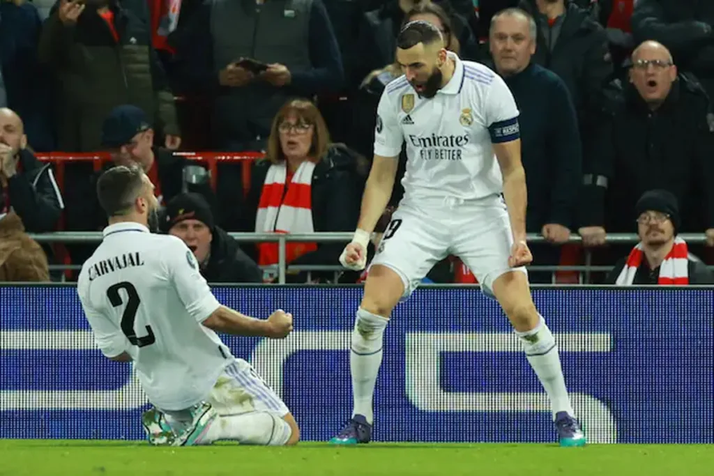 Karim Benzema after scorring in the Champions League against Liverpool