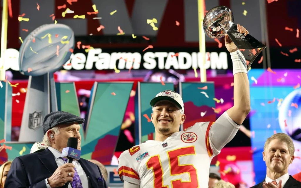 Patrick Mahomes with the LVII Super Bowl Trophy after his win with Kansas City Chief