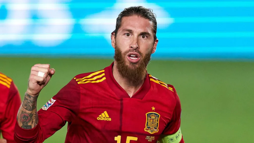 Sergio Ramos with Spain's national team shirt celebrating a goal