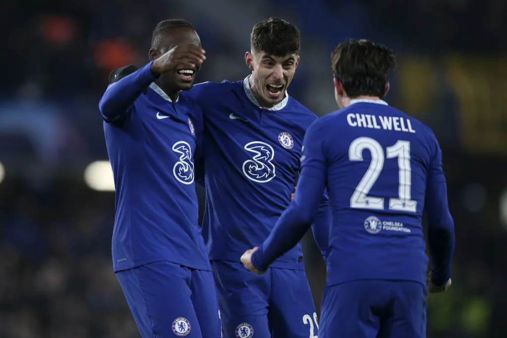 LONDON, ENGLAND - MARCH 07: Denis Zakaria of Chelsea and Kai Havertz of Chelsea and Ben Chilwell of Chelsea celebrate after the UEFA Champions League round of 16 leg Two match between Chelsea FC and Borussia Dortmund at Stamford Bridge on February 03, 2023 in London, England. 