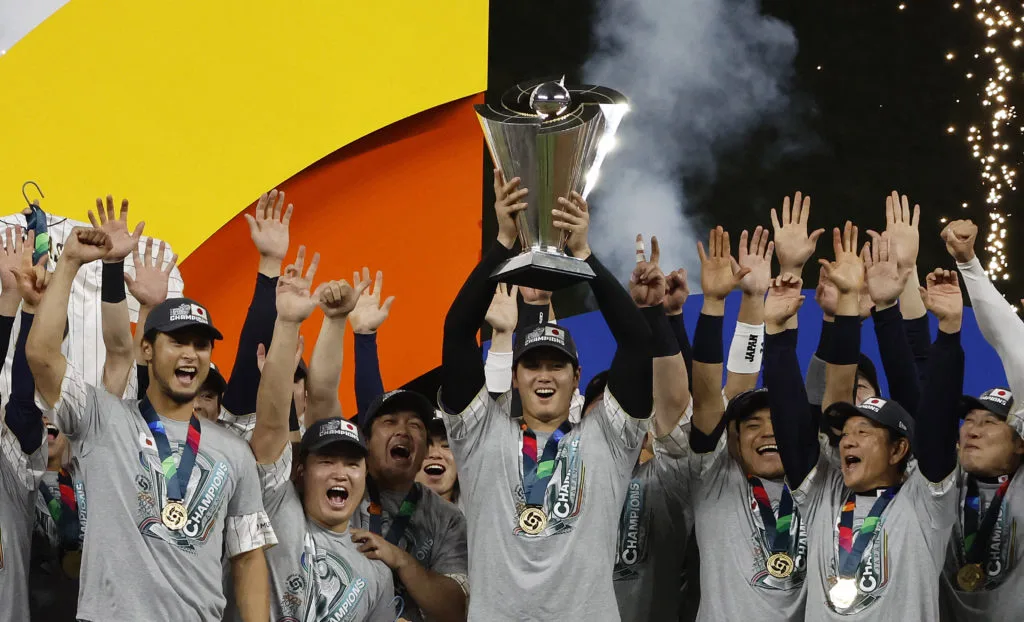 Japan celebrating after winning their third World Baseball Classic championship 