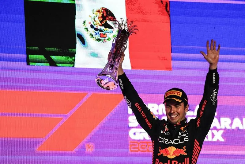 Sergio Perez celebrating after winning in the streets of Jeddah the Saudi Arabian Grand Prix