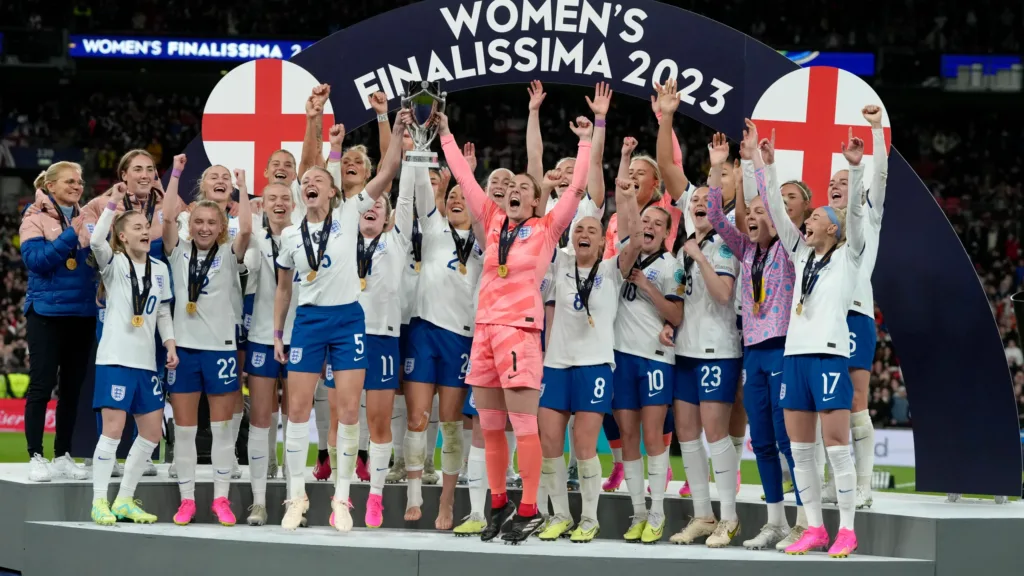 England celebrating their finalissima 2023 victory over Brazil