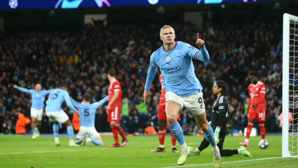 Erling Haaland Manchester City player celebrating his goal against Bayern Munich