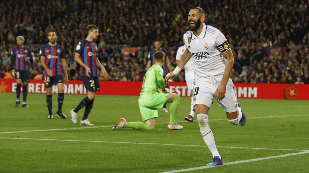 Karim Benzema celebrating after scoring a goal against Barcelona in the Copa del Rey semifinal second leg