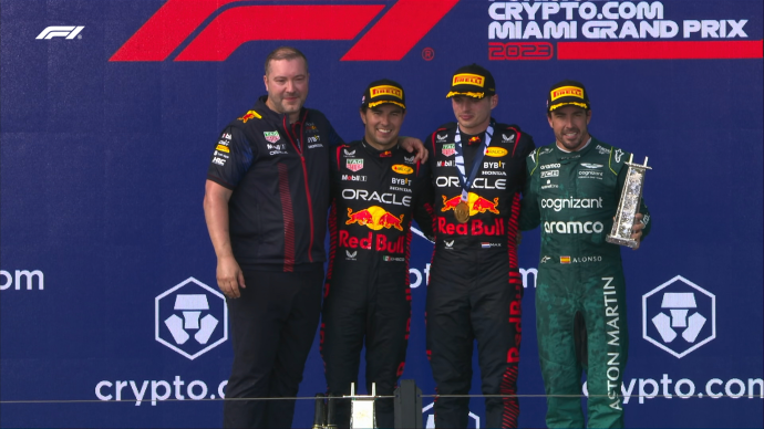 Max Verstappen, Sergio Perez, and Fernando Alonso at the Miami GP 2023 podium