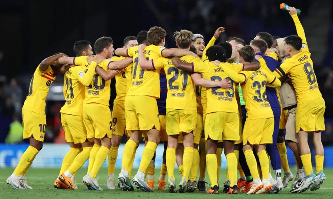 The FC Barcelona players celebrating their La Liga title 2023 after winning it in their match against Espanyol