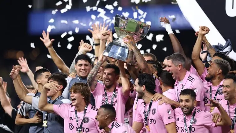 Inter Miami 2023 Leagues Cup trophy celebration after Lionel Messi helped them win their first title in their first final