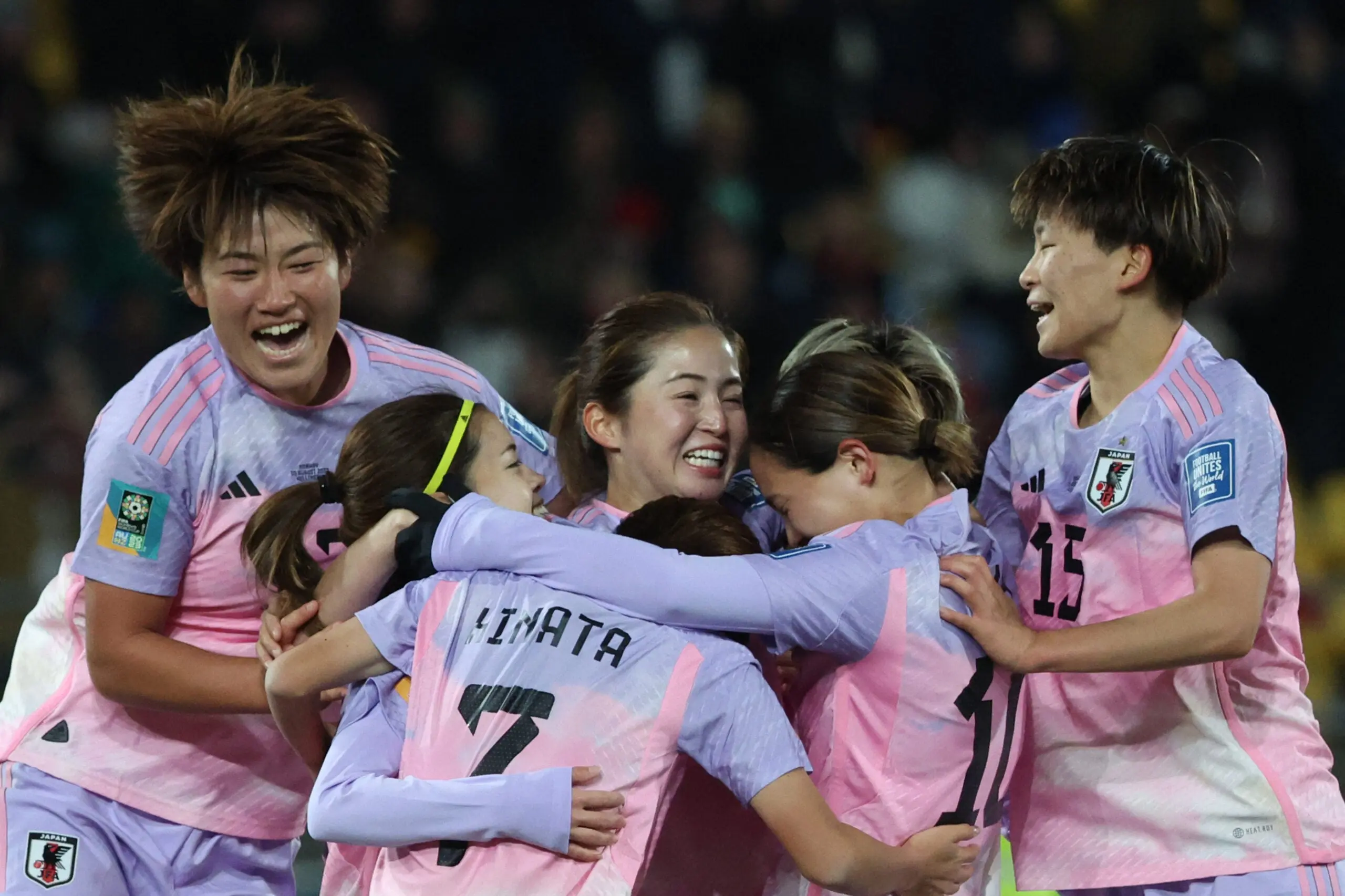 Japan players celebrating their win over Norway in the 2023 Women's World Cup advancing to the quarterfinals