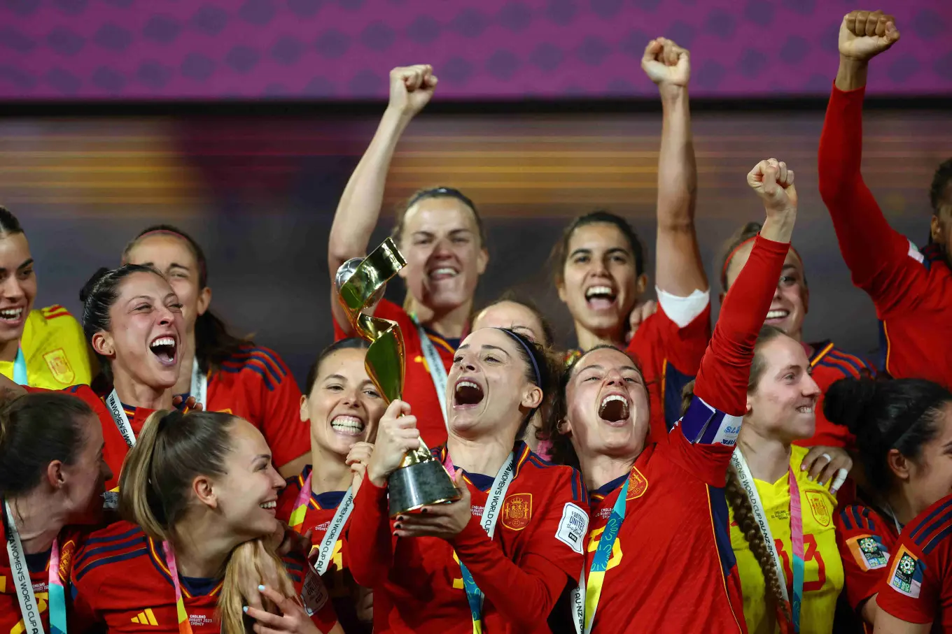 Spain players celebrating after winning the 2023 Women's World Cup against England 1-0