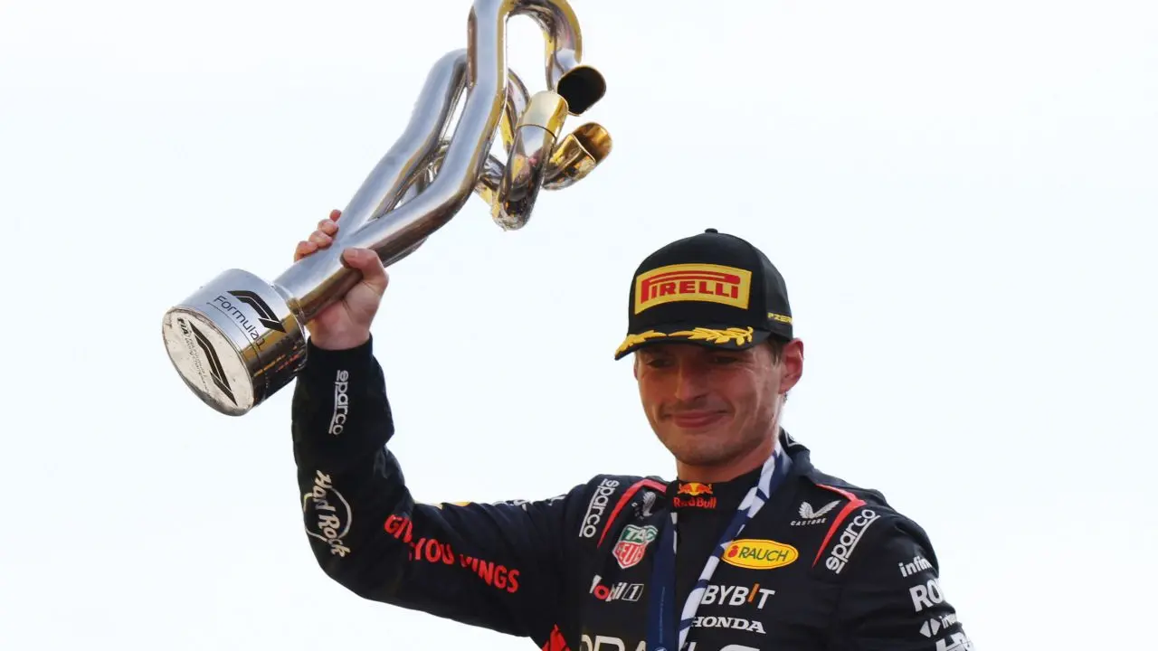 Max Verstappen with his 2023 Italian GP trophy after Red Bull made another 1-2 finish