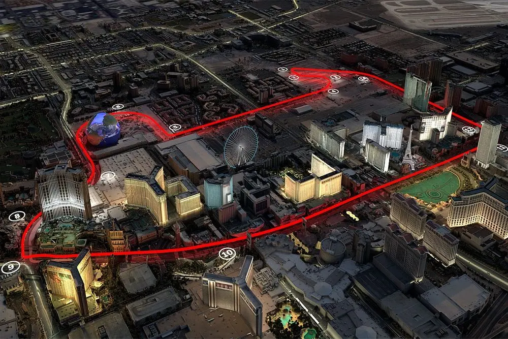 F1 Las Vegas track map for the 2023 Grand Prix passing throughout the iconic Las Vegas Strip landmarks