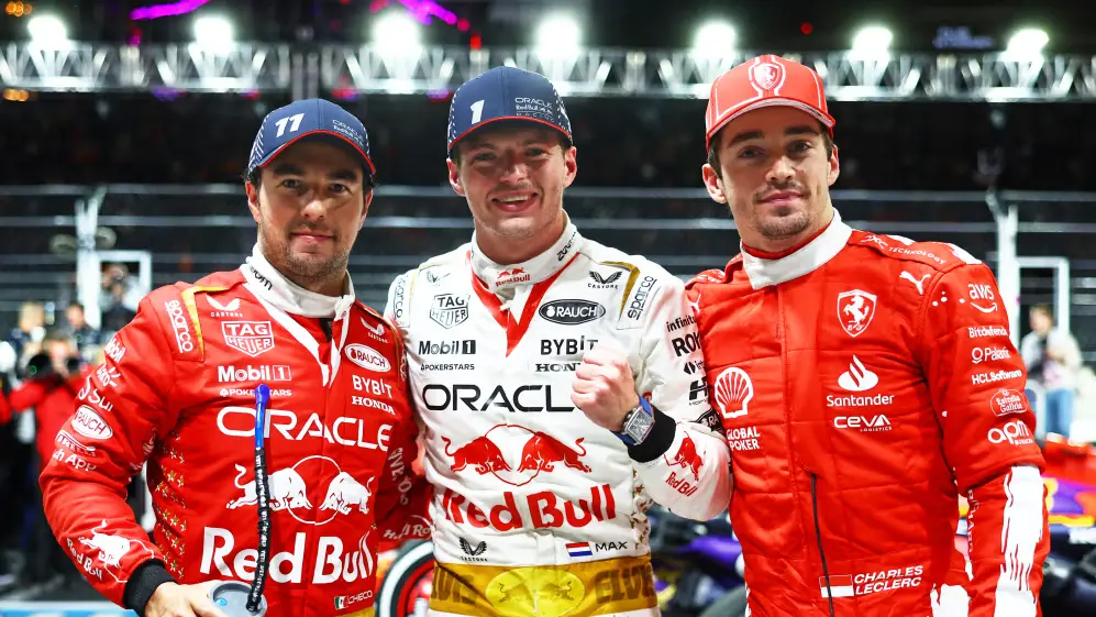 Max Verstappen, Charles Leclerc, and Sergio Perez after Las Vegas GP