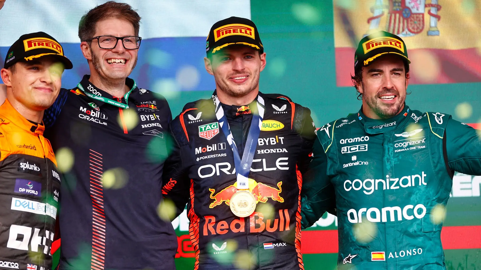 Max Verstappen with Lando Norris and Fernando Alonso in the 2023 Brazil GP podium as Fernando Alonso ended 0.053 seconds in front of Sergio Perez at Interlagos