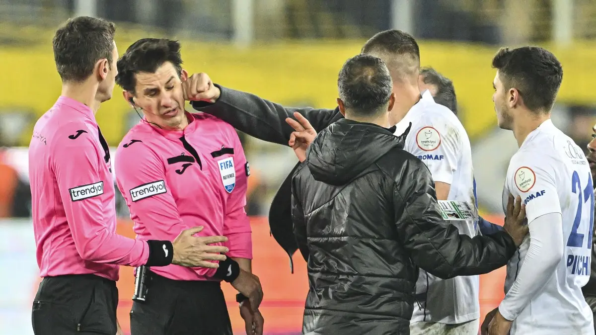 Turkish club president Faruk Koca punching referee Halil Umut Meler after their draw against Rizespor in the Super Lig