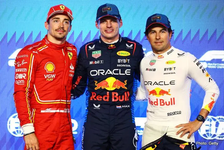 Both Red Bull drivers, Max Verstappen and Sergio Perez, next to Charles Leclerc in the 2024 Saudi Arabian GP