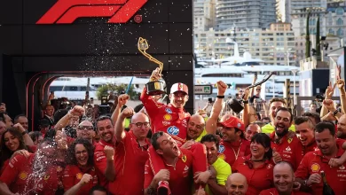 Charles Leclerc celebrating with the entire Ferrari F1 team his victory at Monaco 2024