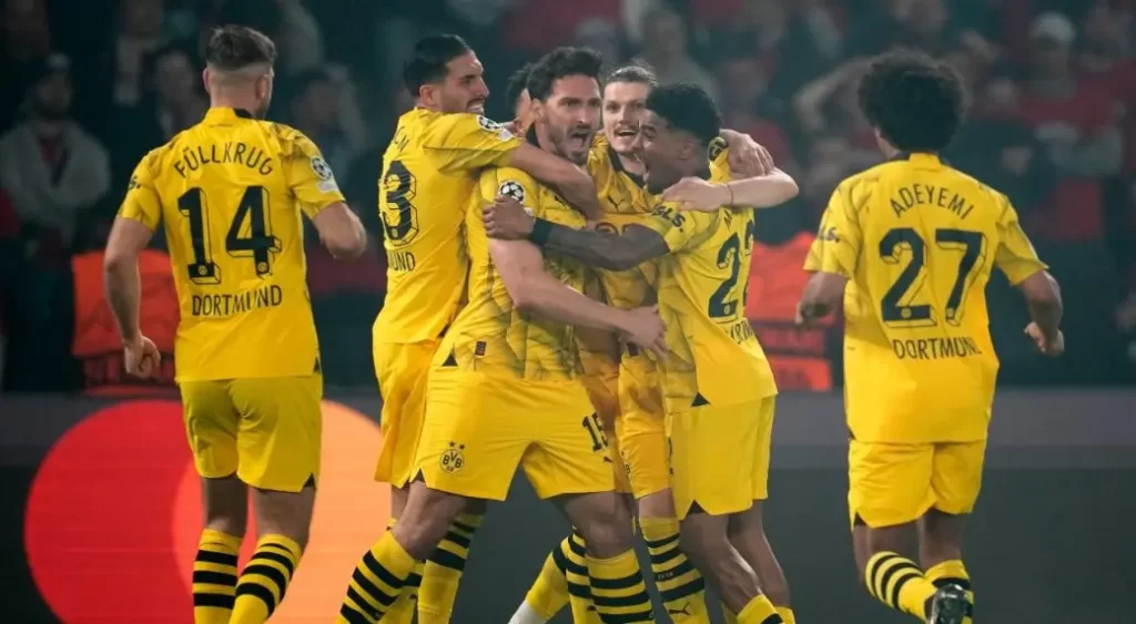 Borussia Dortmund player celebrating their first goal of the 2024 second leg champions league semifinal against PSG (Paris Saint-Germain)