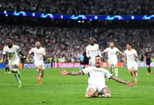 Joselu celebrating his goal in the 2024 champions league semifinal second leg between Real Madrid and Bayern Munich