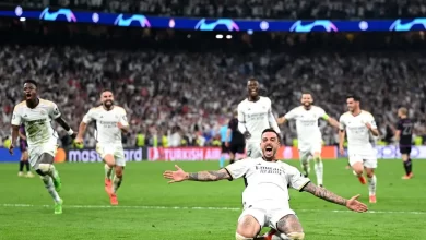 Joselu celebrating his goal in the 2024 champions league semifinal second leg between Real Madrid and Bayern Munich