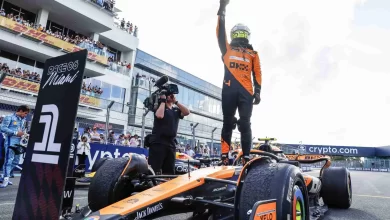 Lando Norris, McLaren F1 team racer, celebrating his first victory in the 2024 Miami GP