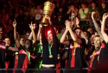 Bayer Leverkusen lifting the DFB Pokal (German Cup) 2024 trophy