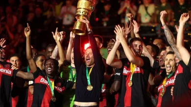 Bayer Leverkusen lifting the DFB Pokal (German Cup) 2024 trophy