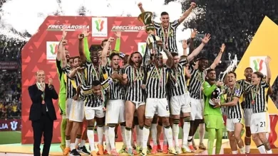 Juventus lifting the 2023/24 Coppa Italia trophy