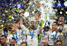 Real Madrid lifting the 2023/24 Champions League trophy after beating Borussia Dortmund 2-0 in the final at Wembley