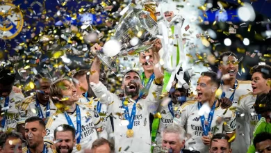 Real Madrid lifting the 2023/24 Champions League trophy after beating Borussia Dortmund 2-0 in the final at Wembley